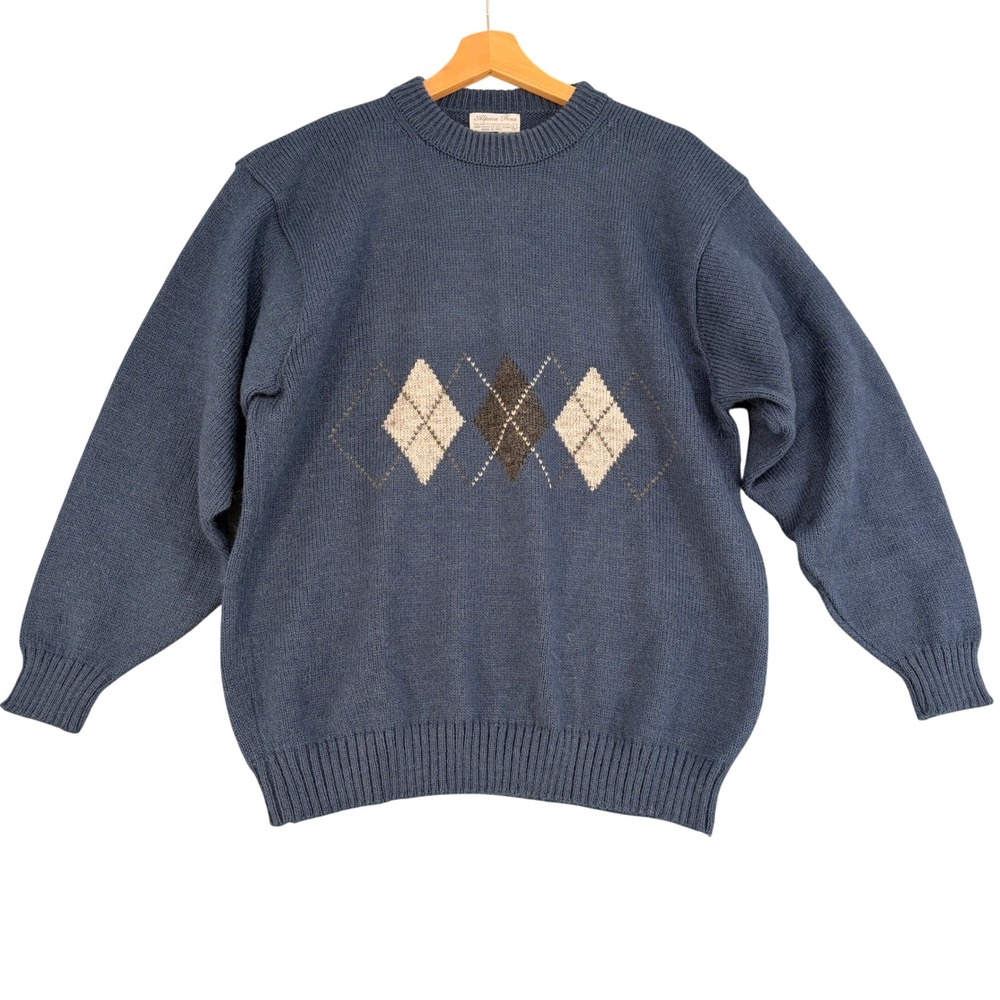 Alpaca Fina Mens Blue Argyle Crewneck Sweater Made in Peru Size Large Vintage